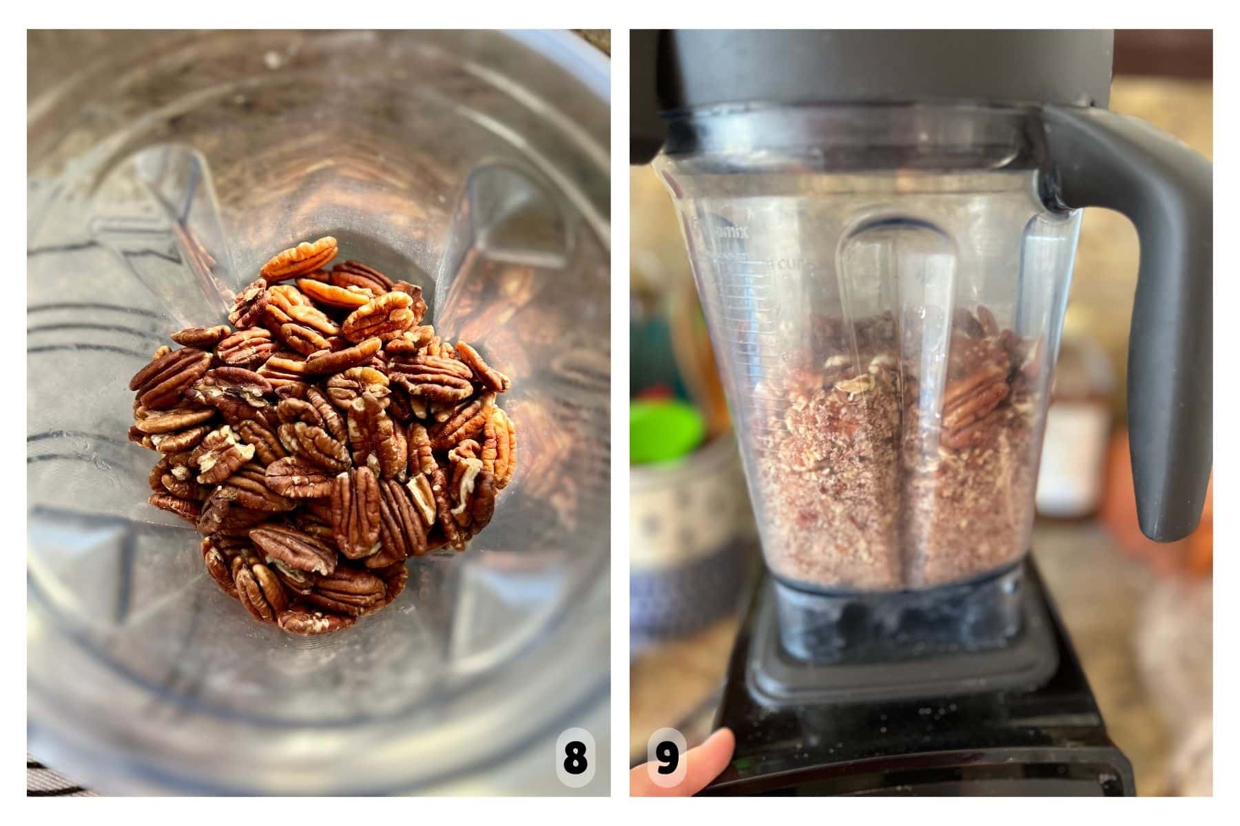 Pecans are blended to a choppy mixture.