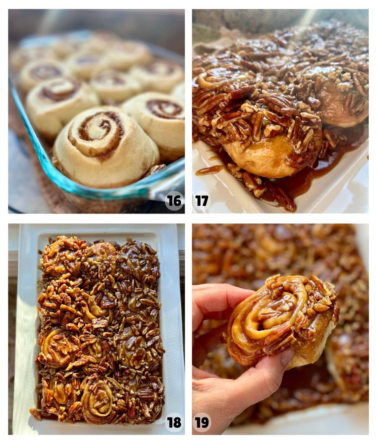 Baked sticky rolls have been turned upside down, showing pecan topping on top of the baked rolls.