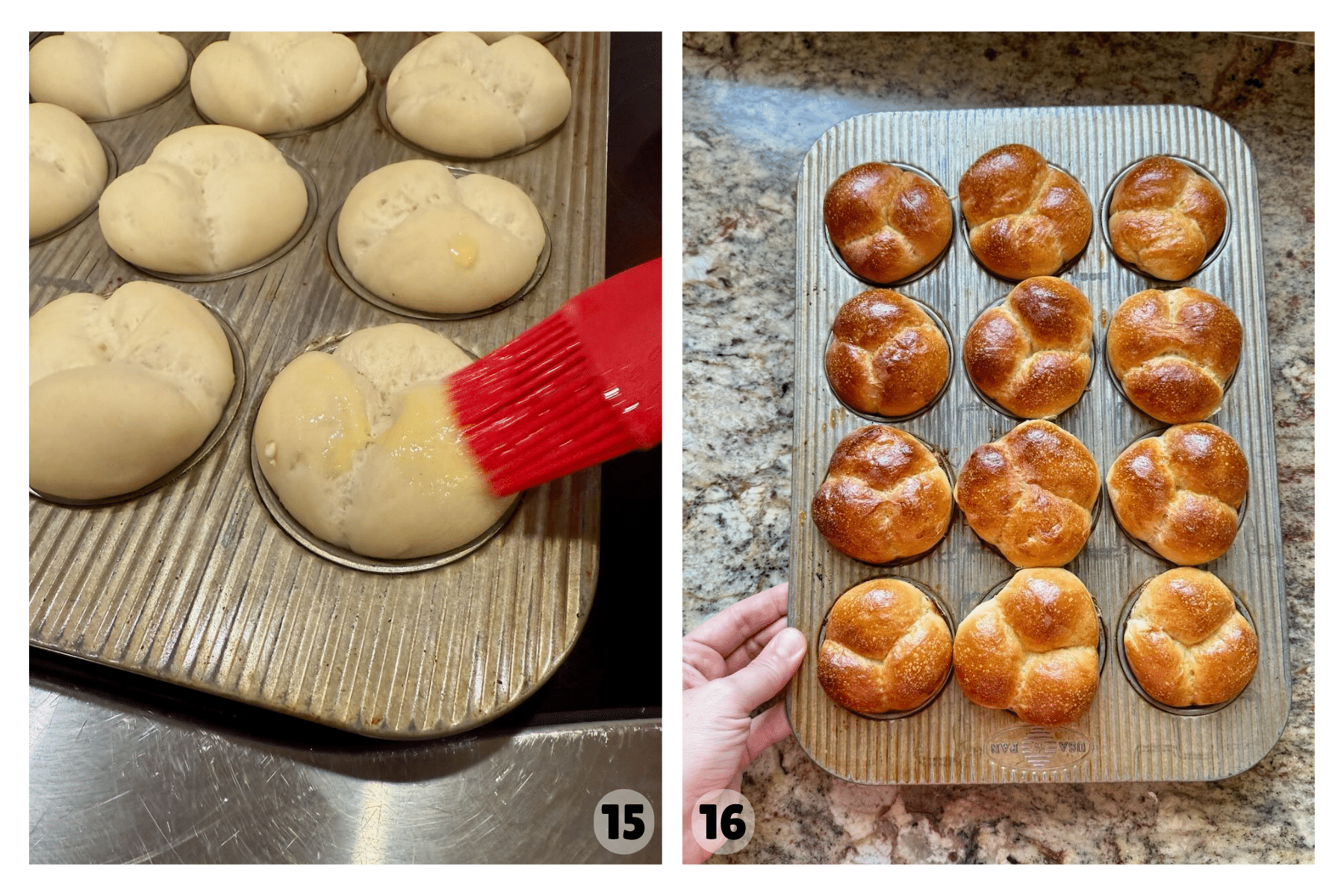 The shaped rolls are brushed with melted butter before baking, then shown golden brown and beautifully puffed straight from the oven.