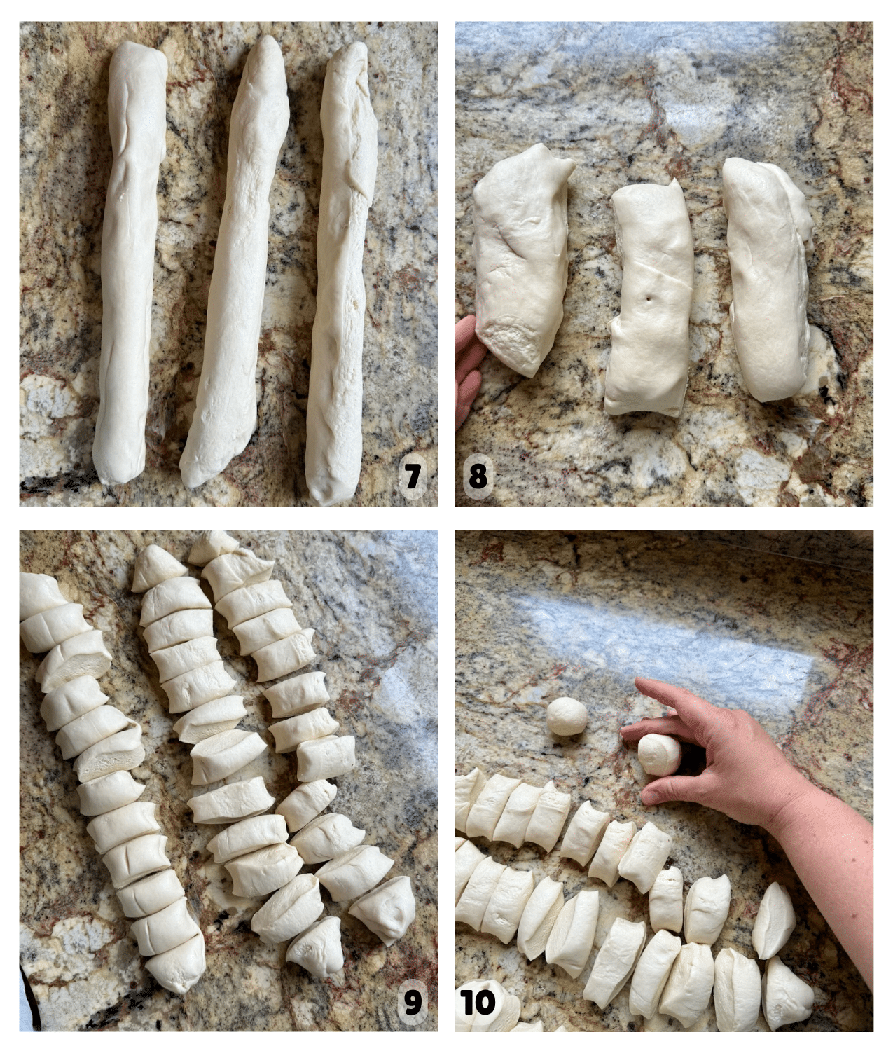 The dough is divided, rolled into small balls, and grouped in threes to form cloverleaf rolls in a muffin tin.
