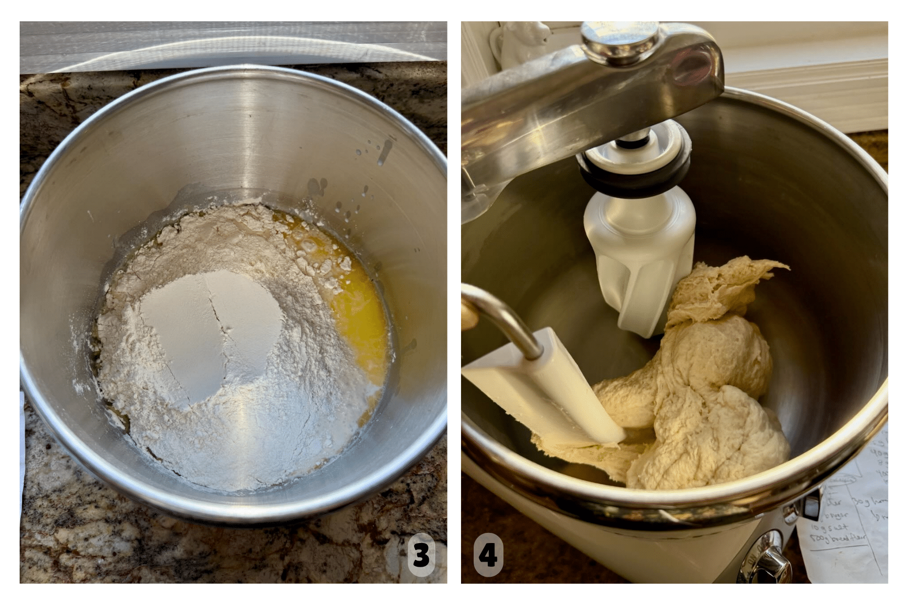The dough ingredients are mixed and kneaded until smooth and elastic, forming a cohesive dough ball ready for bulk fermentation.