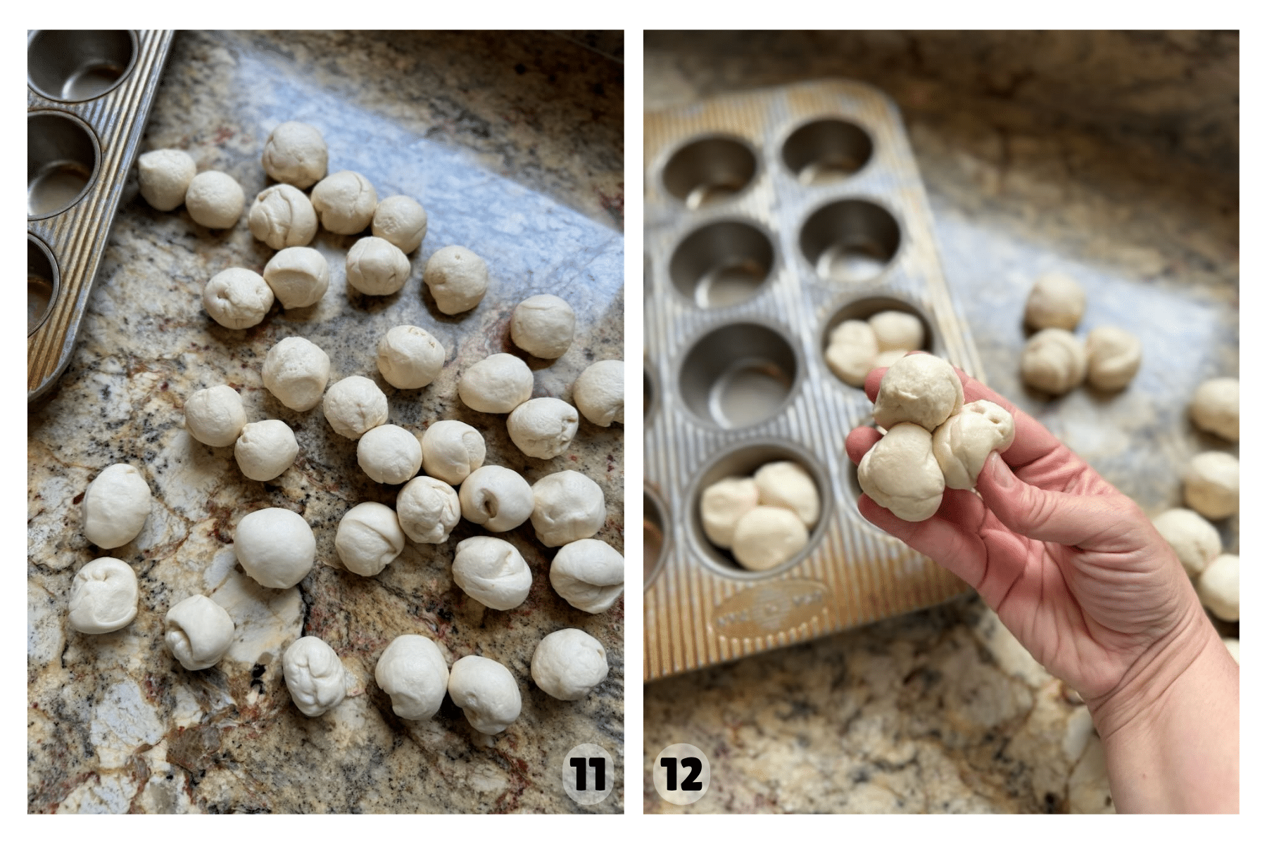 The dough is divided, rolled into small balls, and grouped in threes to form cloverleaf rolls in a muffin tin.