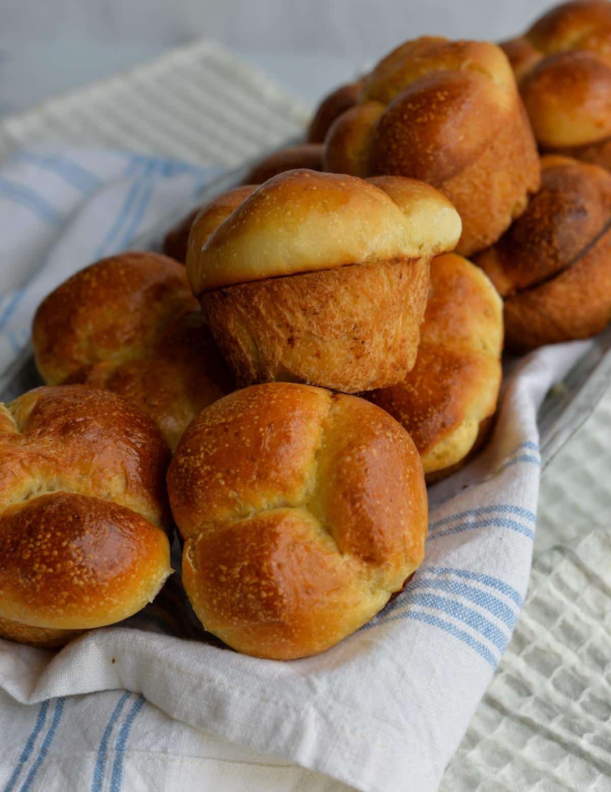 Golden brown Cloverleaf Sourdough Rolls arranged in a basket lined with a white and blue striped kitchen towel, showing their soft, fluffy texture and signature three-ball clover shape.