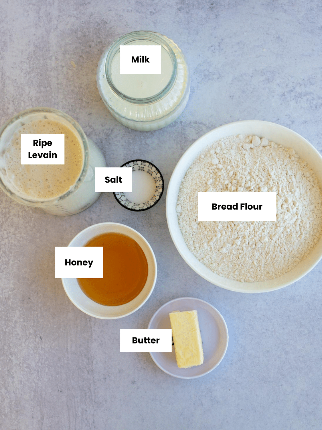 Labeled ingredients for Sourdough Cloverleaf Dinner Rolls arranged on a light surface, including bowls of bread flour, ripe levain, milk, honey, salt, and butter.