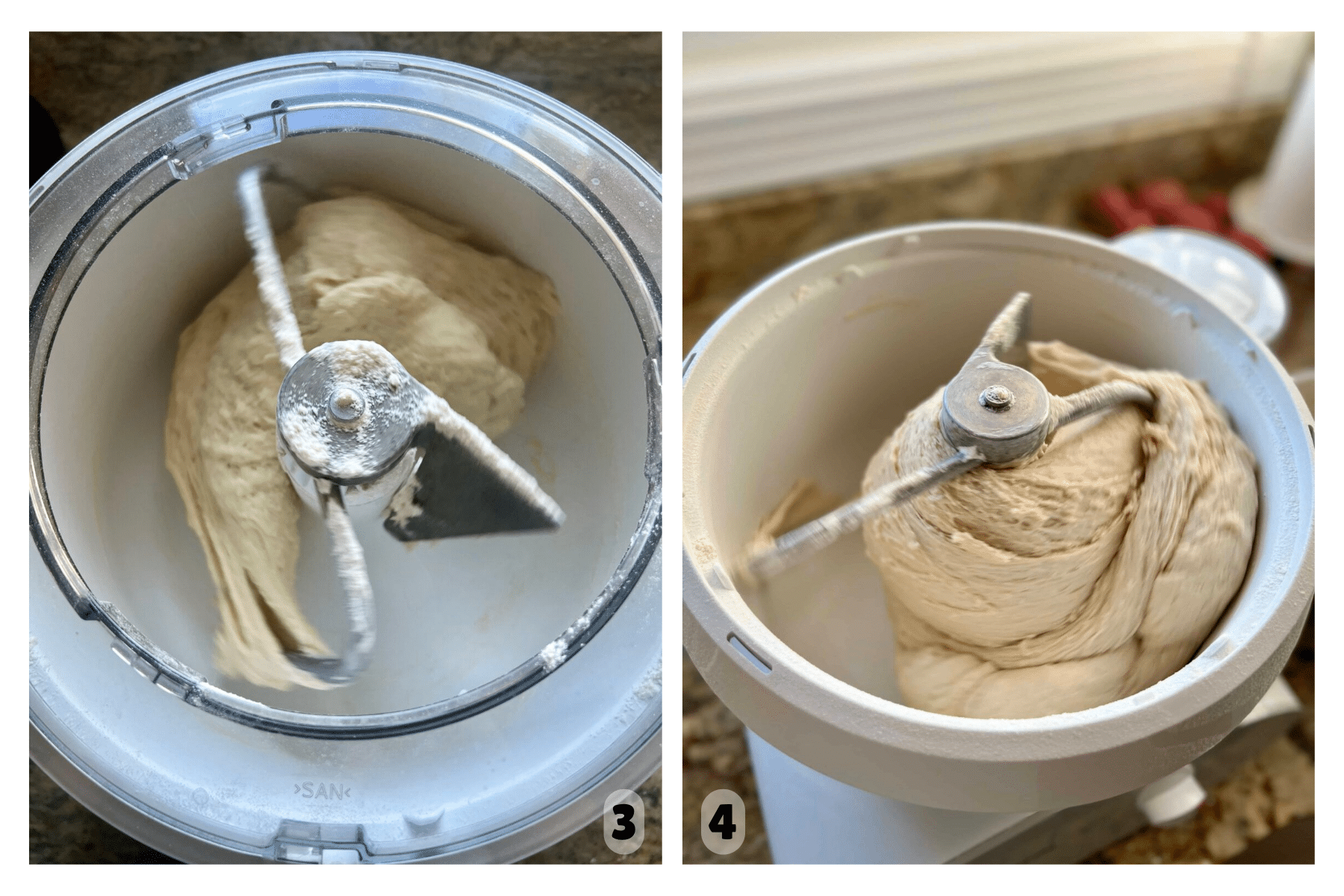 Two images showing sourdough potato roll dough mixing in a stand mixer&mdash;first just combined, then smooth and elastic.