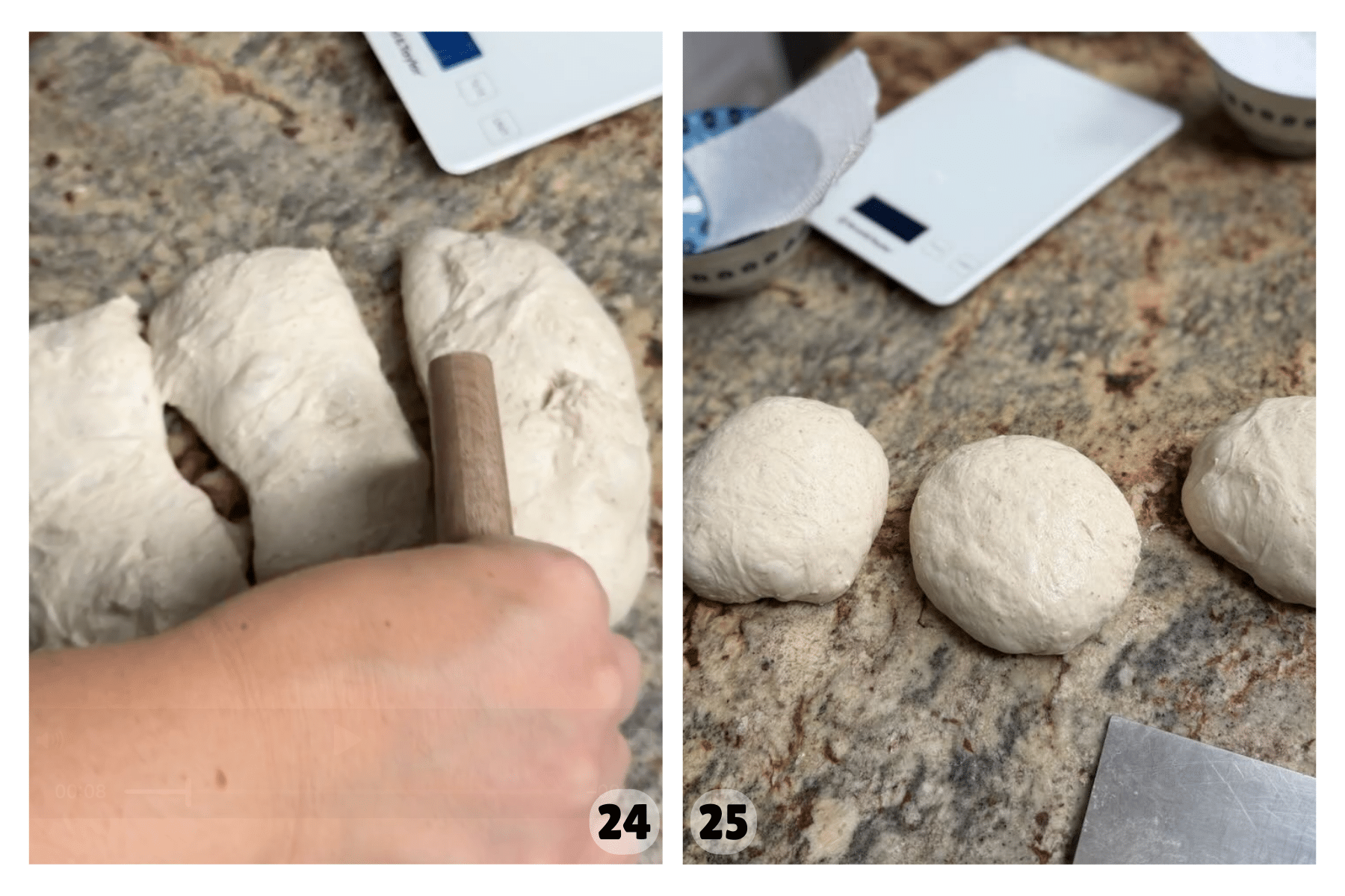 Dough is divided into three balls, which rest on a counter next to a kitchen scale.