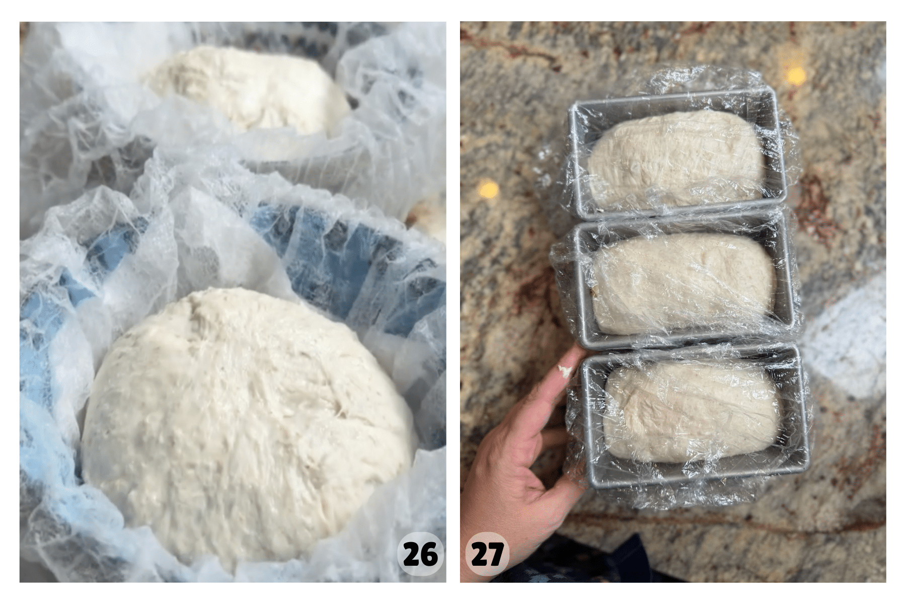 Two pictures show mini loaves shaped in banneton baskets and mini loaves shaped in mini loaf pans.