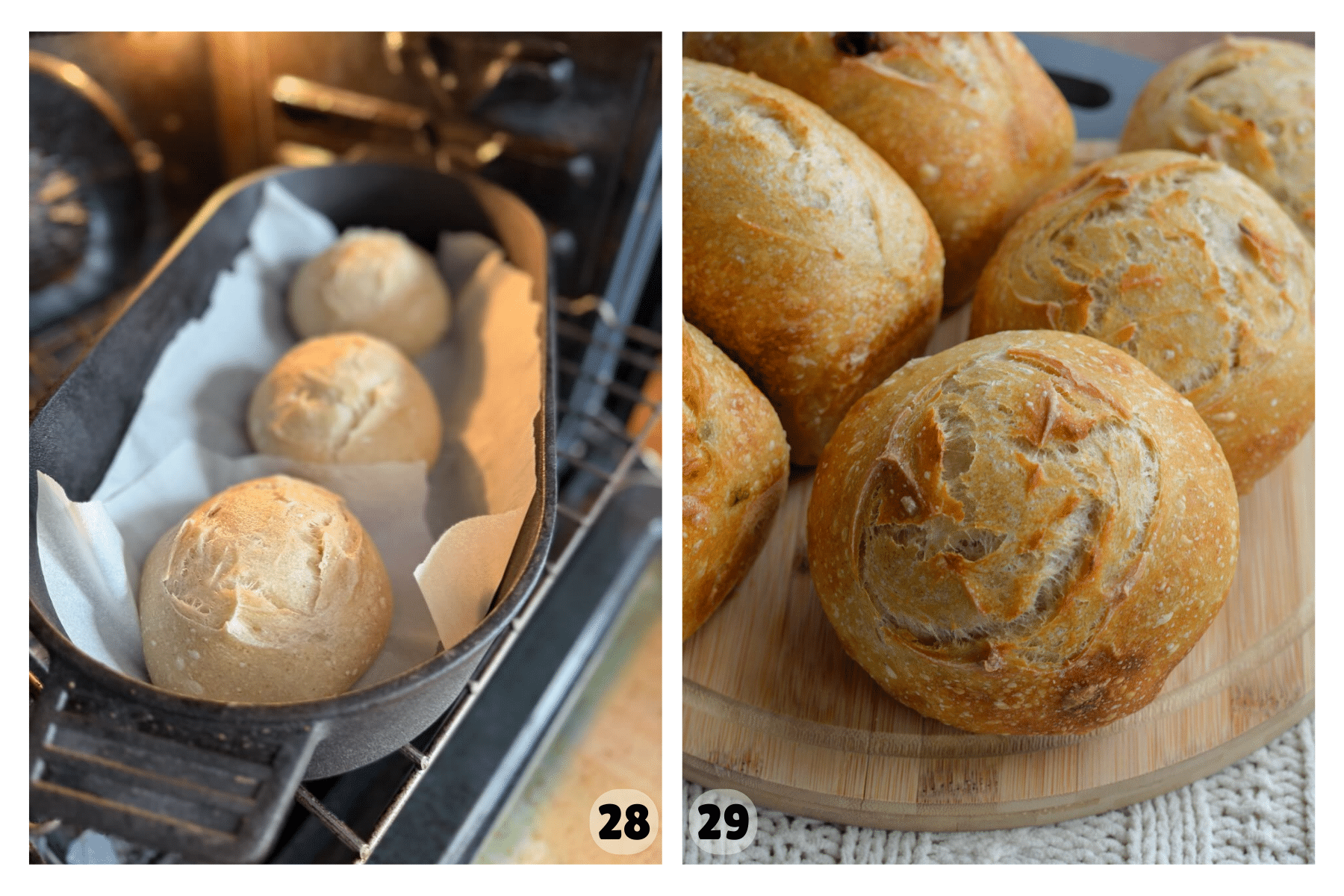 Two pictures show three mini loaves baking in a Dutch oven and then the baked loaves sitting on a wooden board.