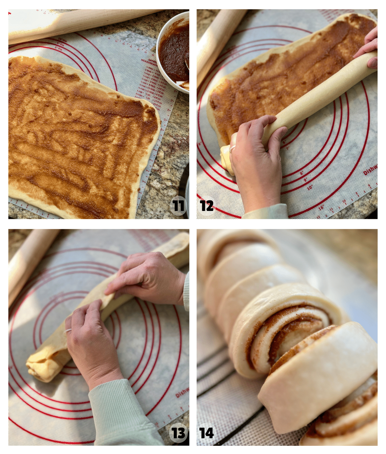 Four pictures show dough that is covered in filling, rolled, and cut into pieces before being placed into the pan.