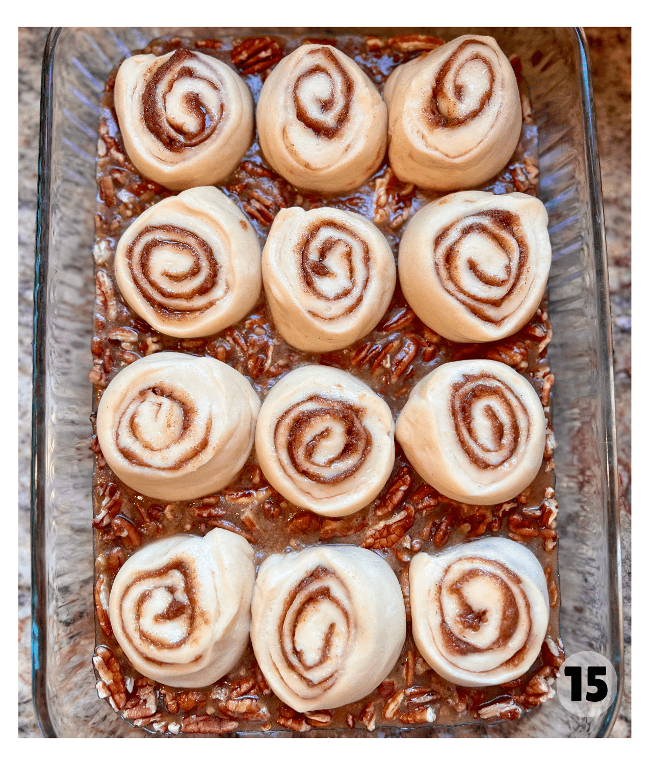 Twelve pecan rolls are proofing together in a baking dish.