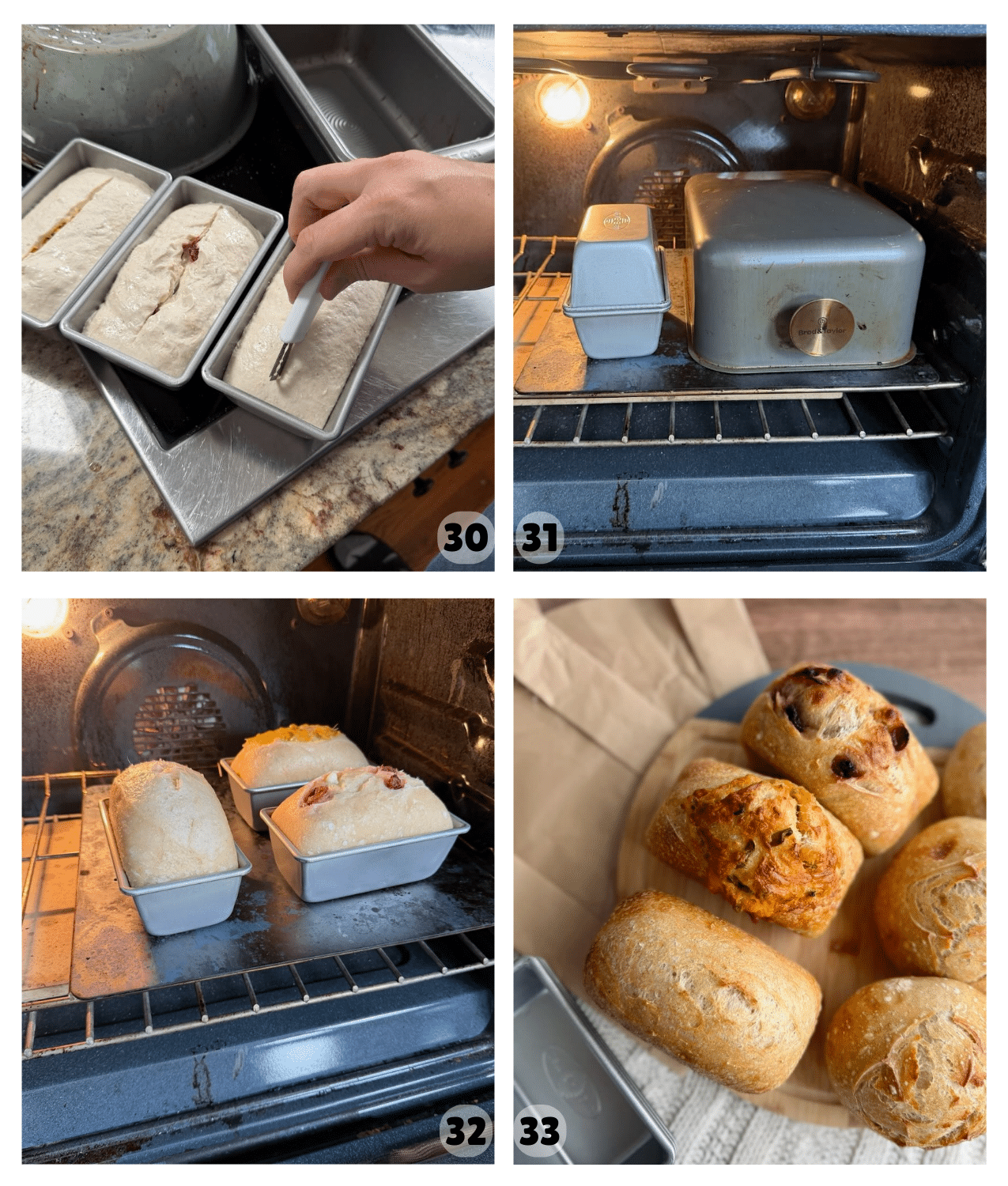 Four pictures show three mini loaves baking in mini loaf pans and then the golden brown loaves sitting on a wooden board.