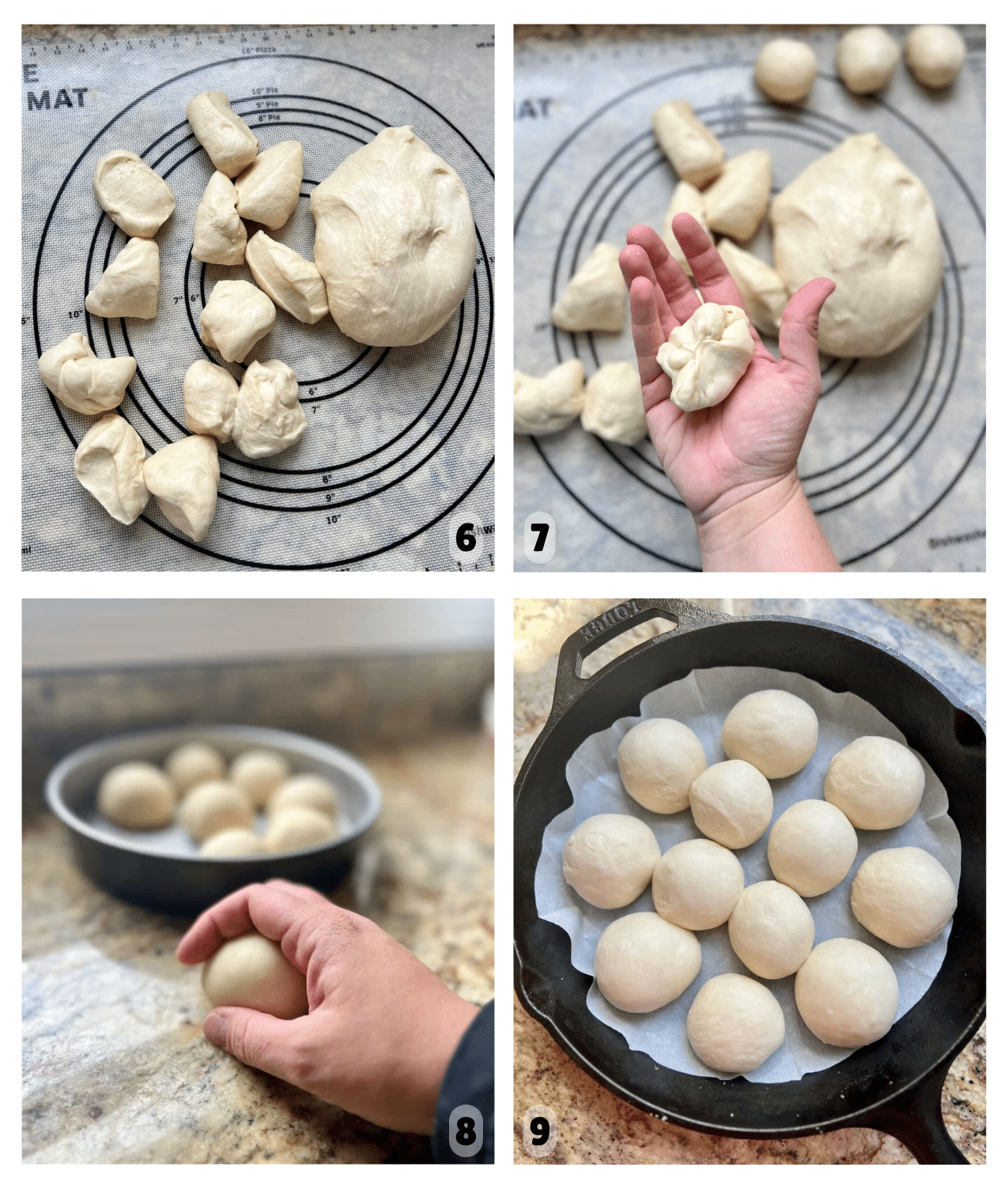 Step-by-step collage showing the dough being divided, shaped into balls, and arranged in a pan for proofing before baking.