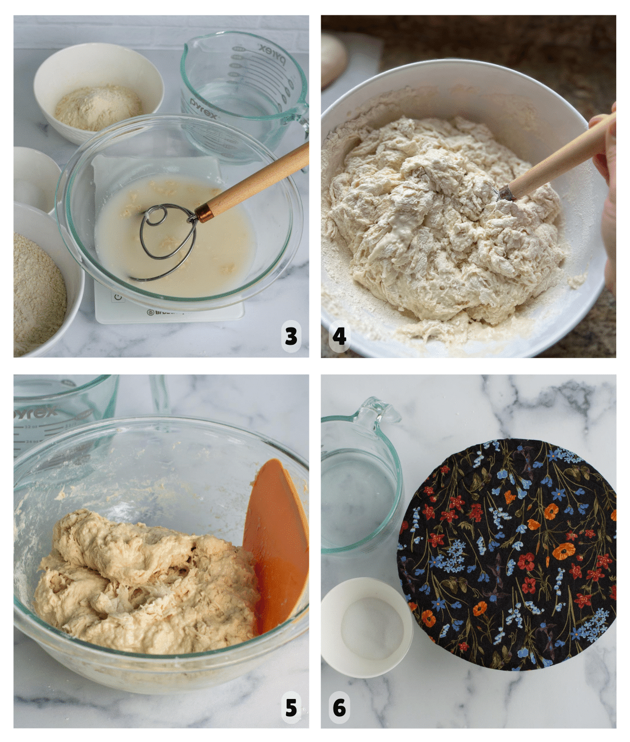Four pictures show the fermentolyse process: sourdough starter is mixed, then flour is added and a shaggy dough forms, which is then covered and left to rise.