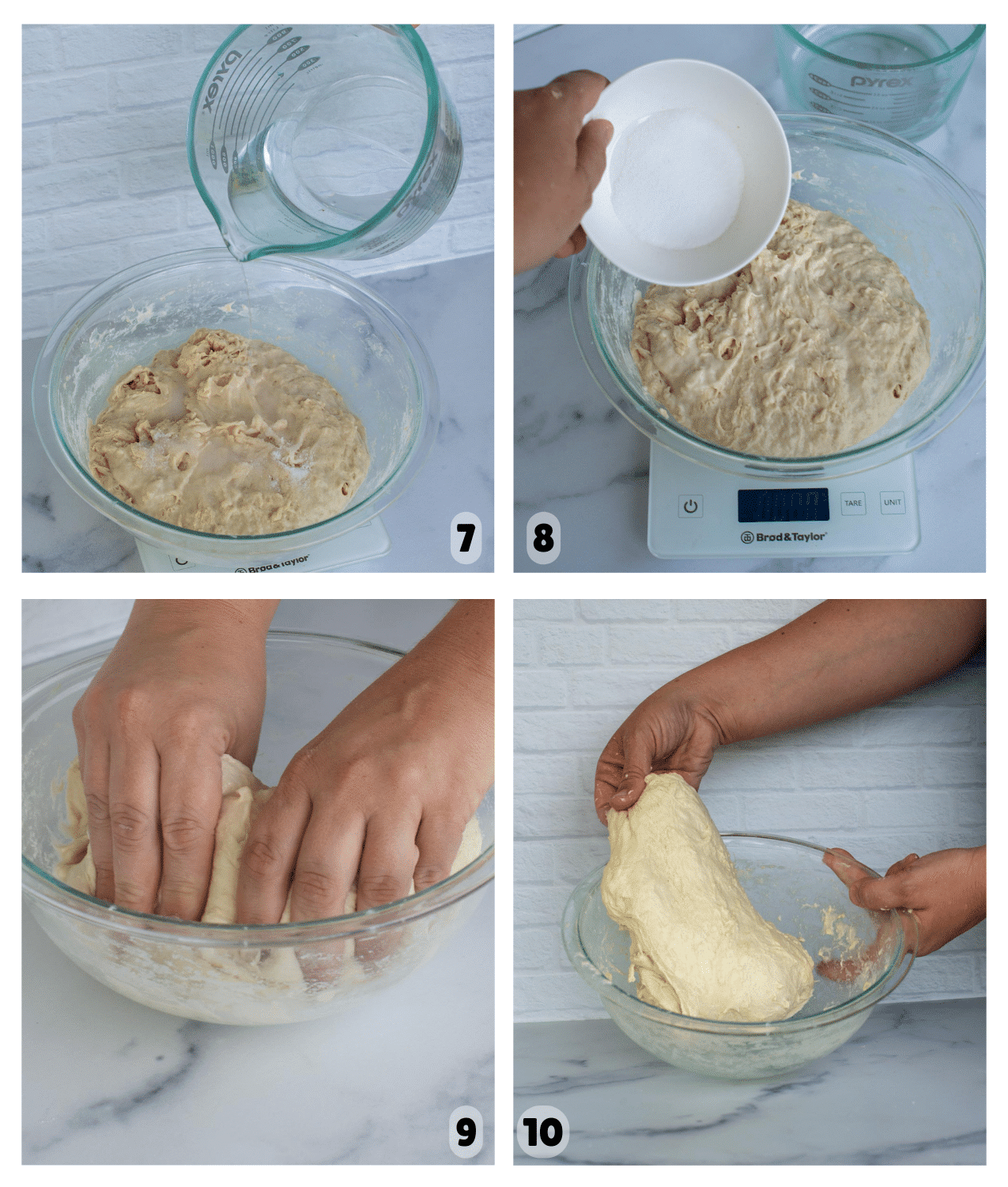 Four pictures show the bowl of dough with water and salt being added, and then hands gently combining all ingredients to form a cohesive dough.