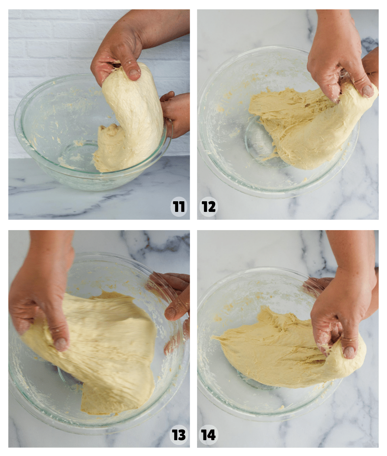 Four pictures show hands mixing the dough by pulling and kneading.