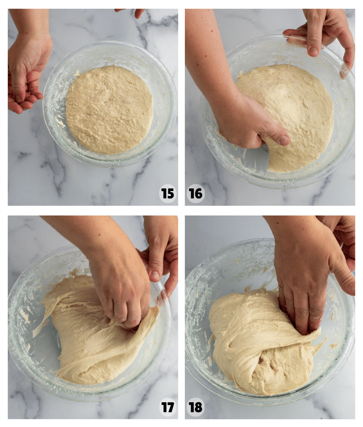 Four pictures show dough that is being stretched and folded over on top of itself.