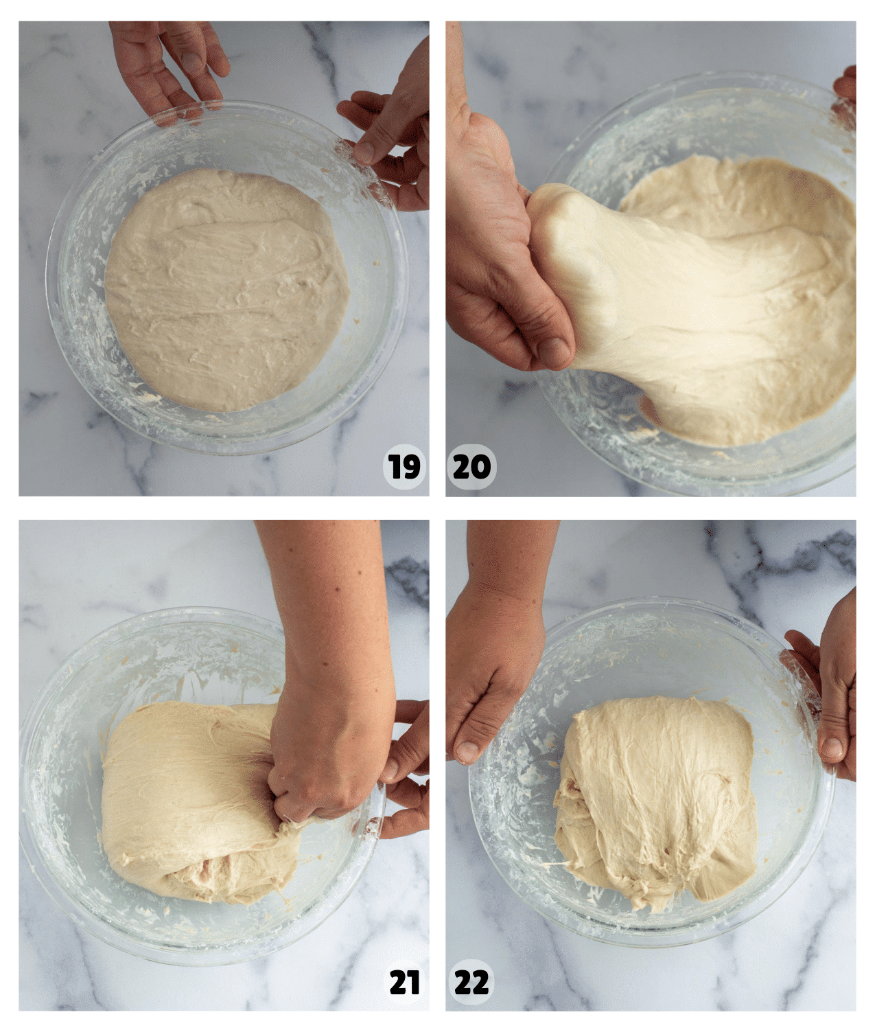 Four pictures show stretch and folds with hands reaching into a bowl of dough and stretching the dough over the top of the dough, building elasticity and cohesion in the dough.