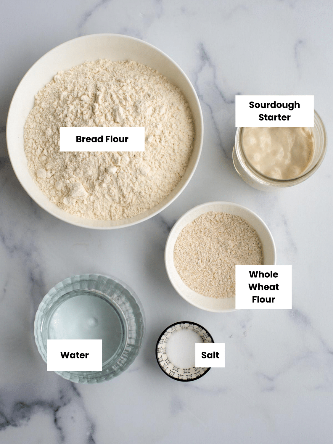 Ingredients for mini sourdough loaves labeled on a countertop.