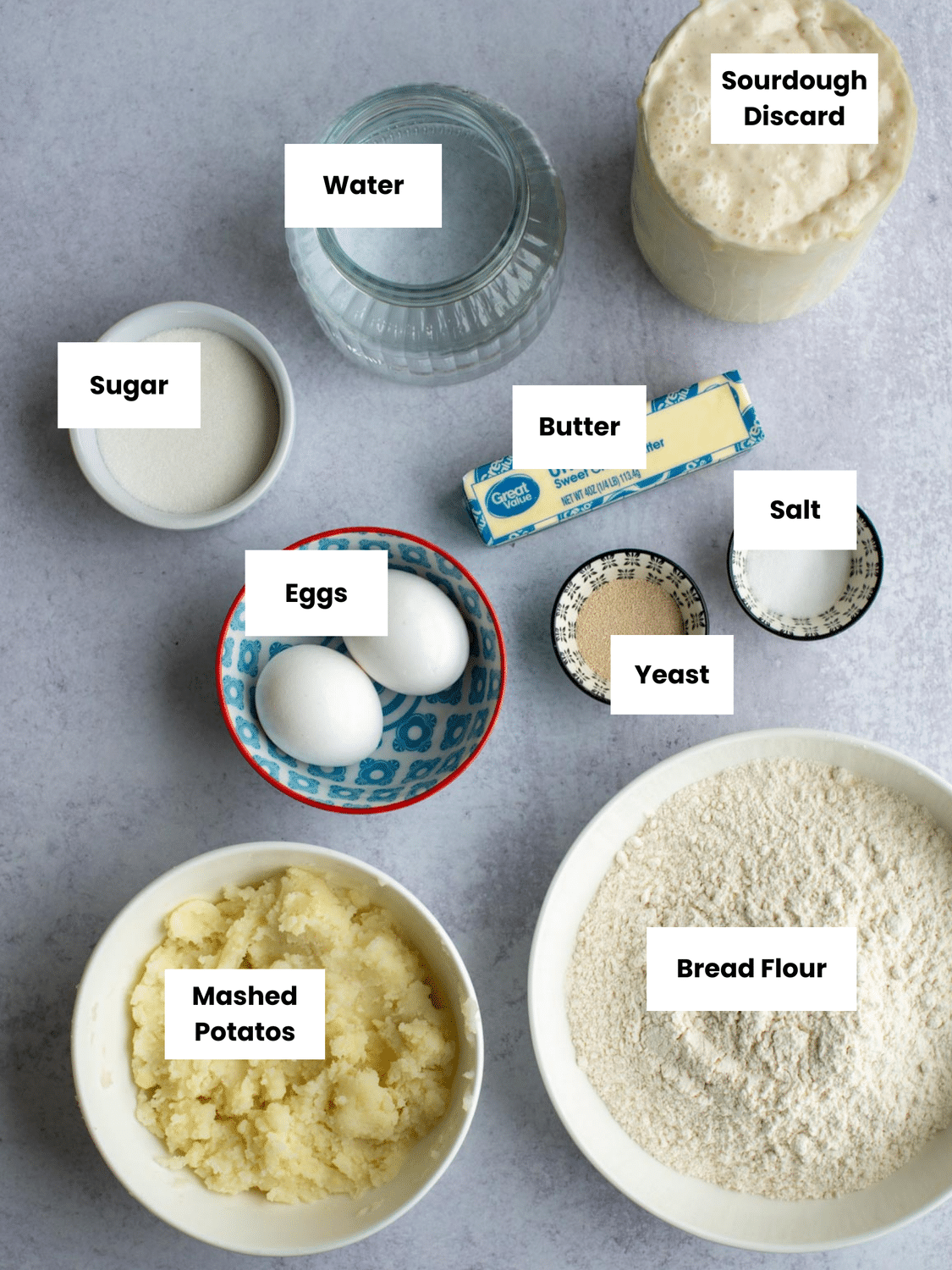 Labeled ingredients for sourdough discard mashed potato rolls arranged on a gray surface, including mashed potatoes, bread flour, sourdough discard, water, sugar, butter, eggs, salt, and yeast.