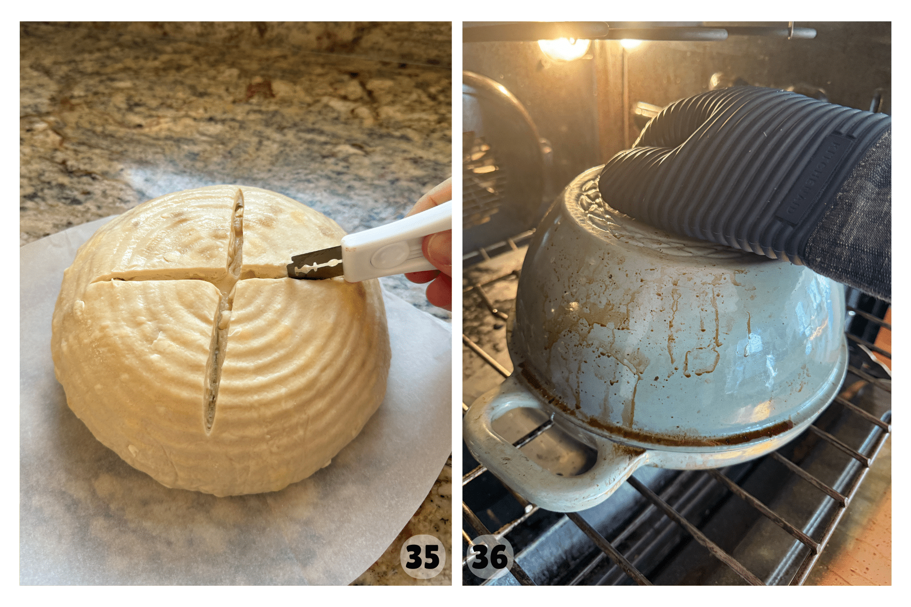 Two photos of the bread being scored, and a Dutch oven with a lid covered and a hot pad holding onto the lid.