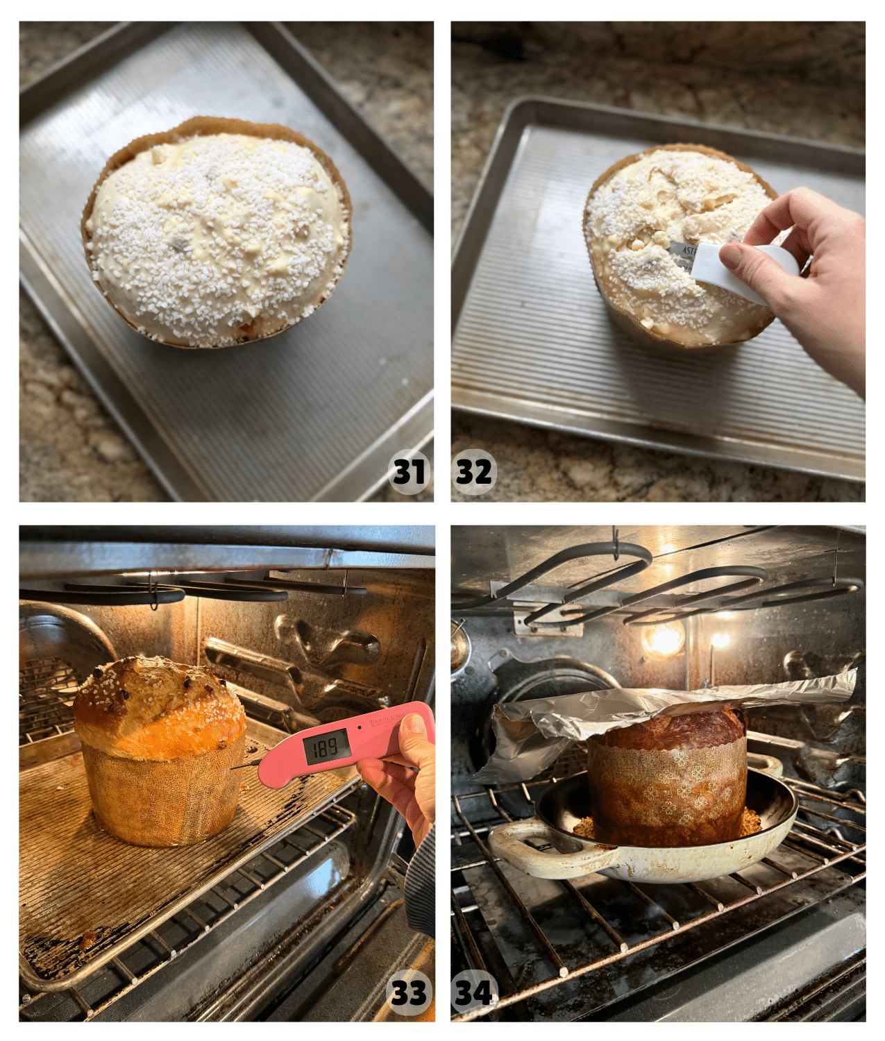 Four pictures show a panettone sprinkled with sugar and sitting on a baking sheet, plus two photos of the panettone baking in the oven.
