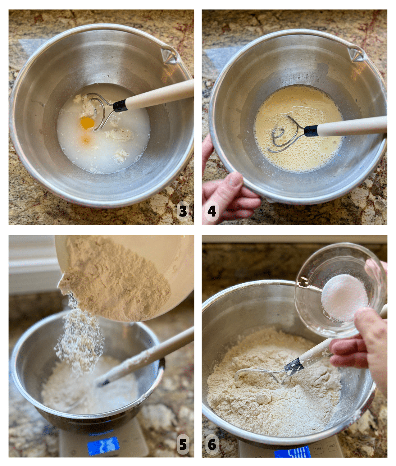Four pictures show a mixing bowl with wet ingredients and a dough whisk, and then flour and salt being added to the same mixing bowl.