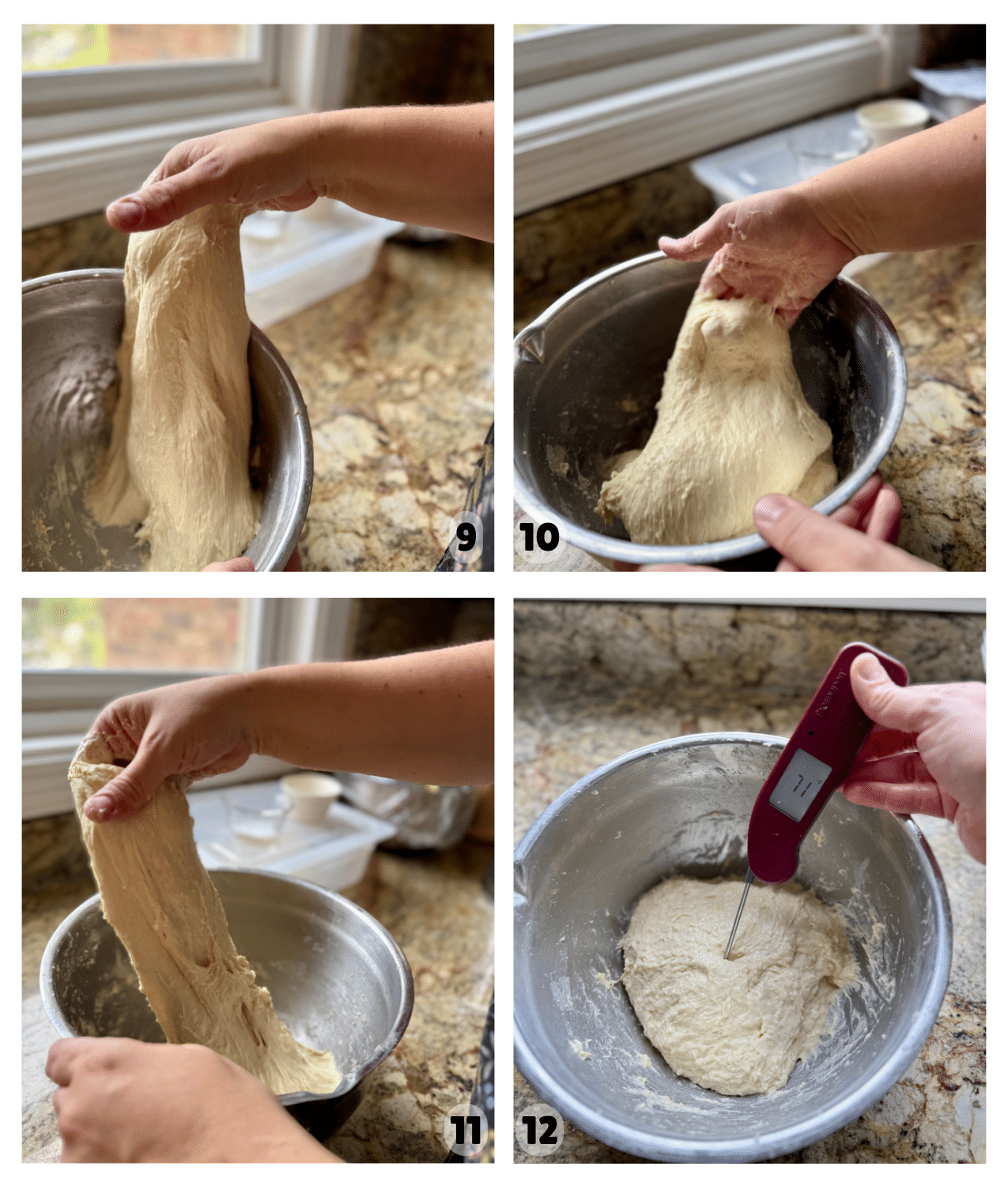 Three pictures show dough being stretched and folded over itself and a fourth picture shows a thermometer reading 71 degrees sticking out of the dough.