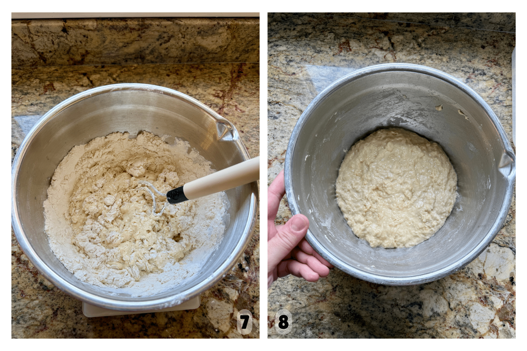 Two pictures show a mixing bowl with a dough whisk before and after the ingredients have been fully combined to form a shaggy dough.