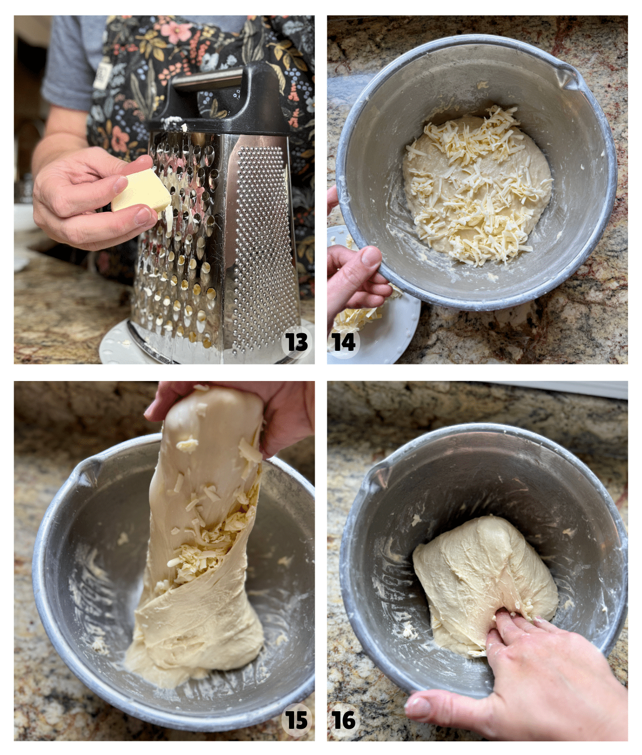 Four pictures show butter being grated and then added to the mixing bowl of dough, and then hands stretch the dough, encasing the butter as the dough is folded over onto itself.