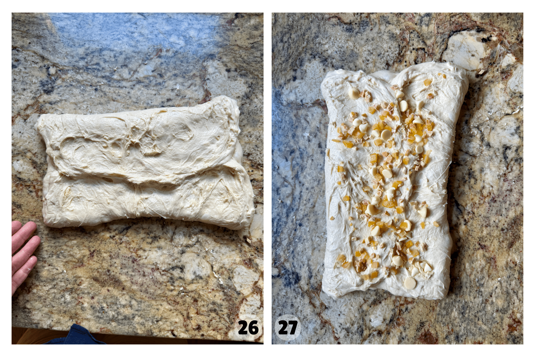 Two pictures show dough being folded over to encapsulate the inclusions, concluding the lamination method.