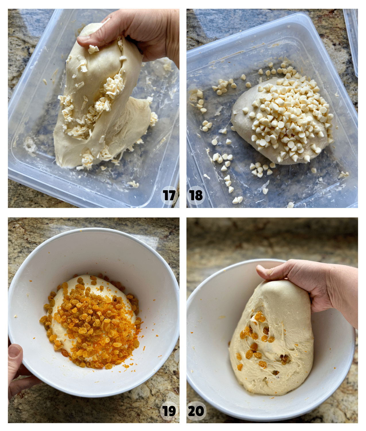 Four pictures show butter and then white chocolate chips and orange raisins added to the dough, and the fourth picture shows hands folding the inclusions into the dough.