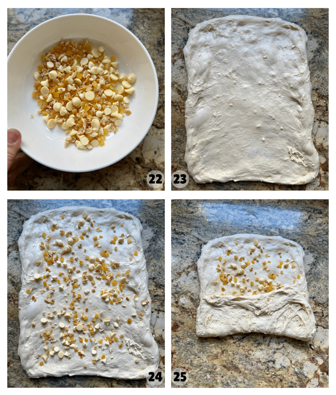 Four pictures show the lamination method: a bowl of white chocolate chips and candied orange peel, dough that has been stretched into a thin rectangle, inclusions sprinkled over the surface of the dough, and the dough folded up onto itself.