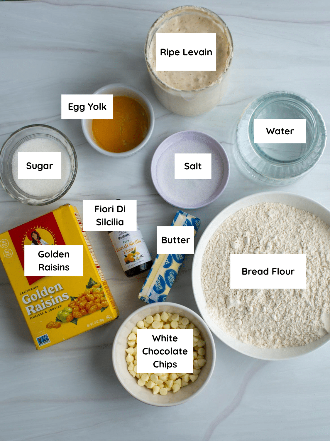 Panettone Sourdough ingredients labeled on a countertop.