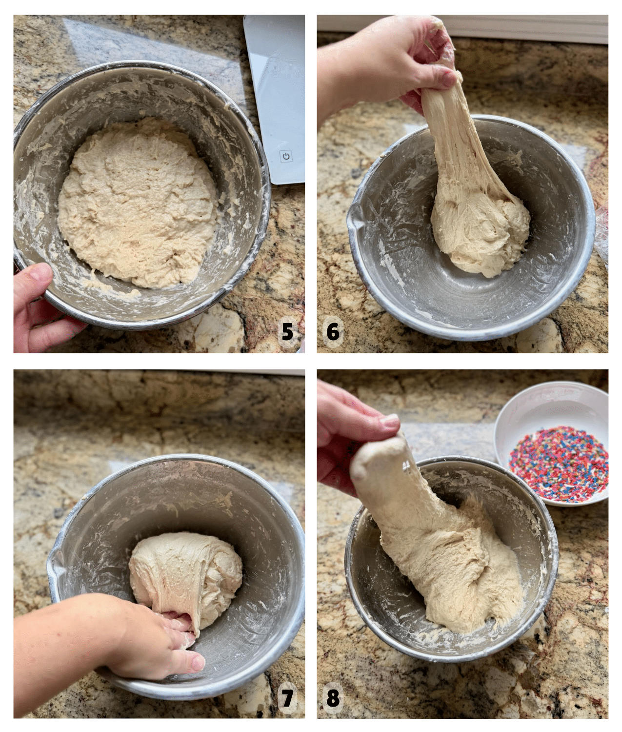 Sourdough dough being stretched and folded in a bowl, showing gluten development before adding sprinkles.