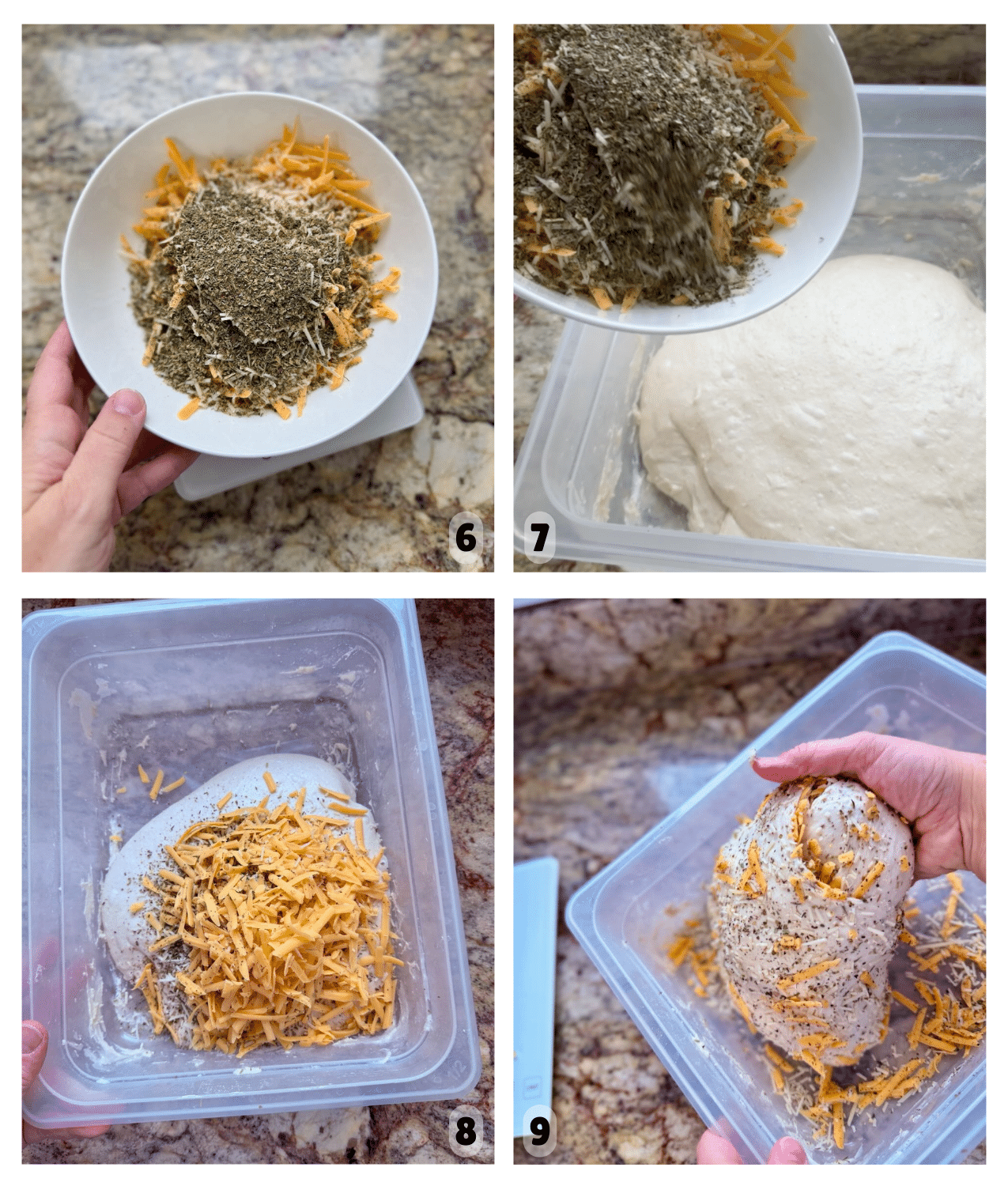 Four pictures show cheese and herbs added to dough and a hand pulling the dough to incorporate it.
