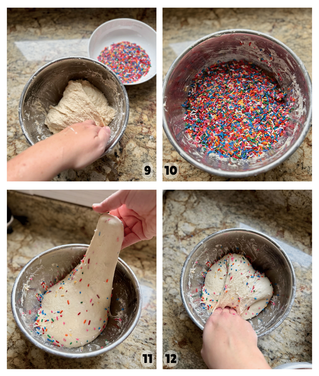 Sourdough dough stretched long in a bowl as colorful rainbow sprinkles are added during folding.