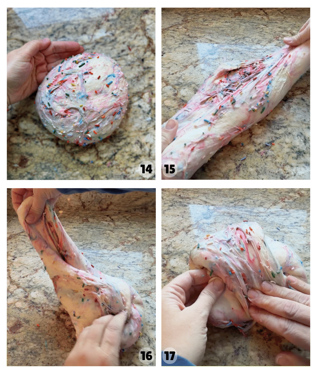 Funfetti sourdough dough being stretched and folded on a countertop, creating colorful streaks throughout the dough.