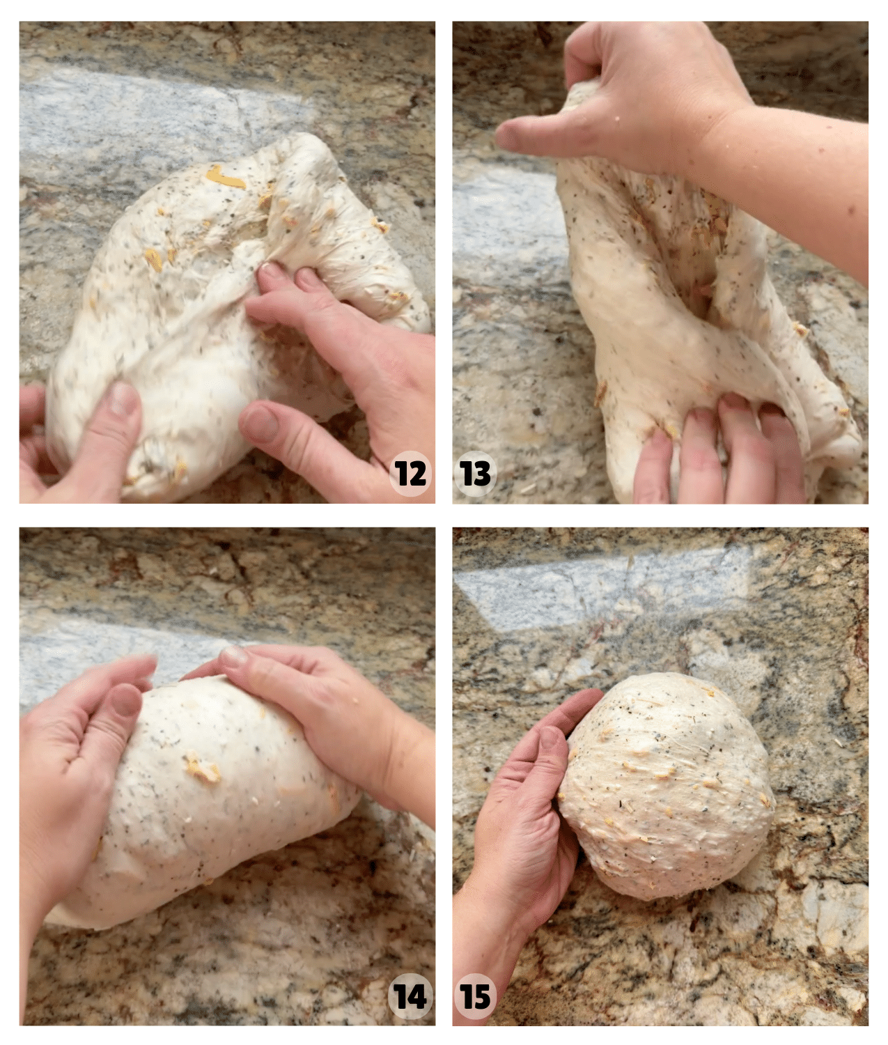 Four pictures show dough being shaped into a round boule. 