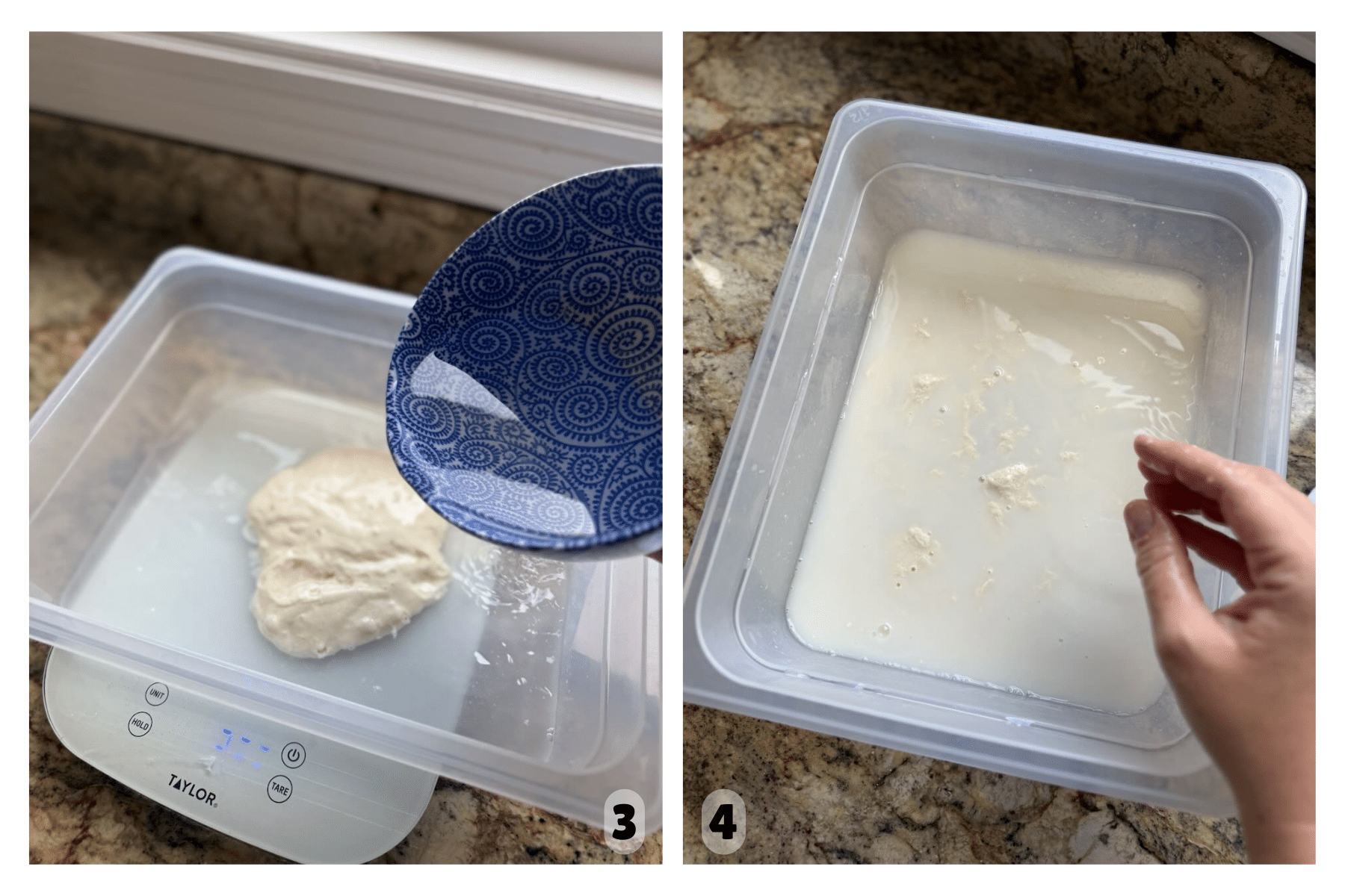 Two pictures show water and sourdough discard being mixed together in a large rectangular container.