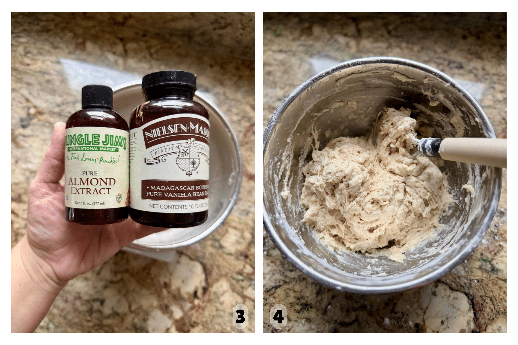 Vanilla and almond extracts held above a mixing bowl next to partially mixed sourdough dough.