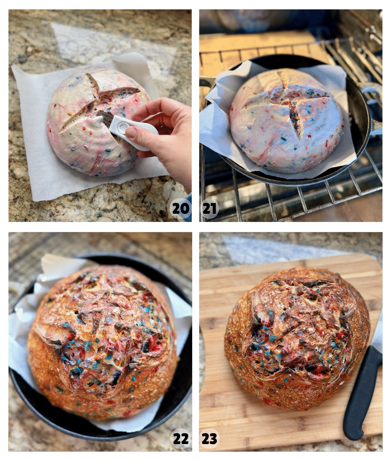 Baked Funfetti sourdough loaf with a golden crust resting on a cutting board, showing colorful sprinkles baked into the crust after being scored and baked.