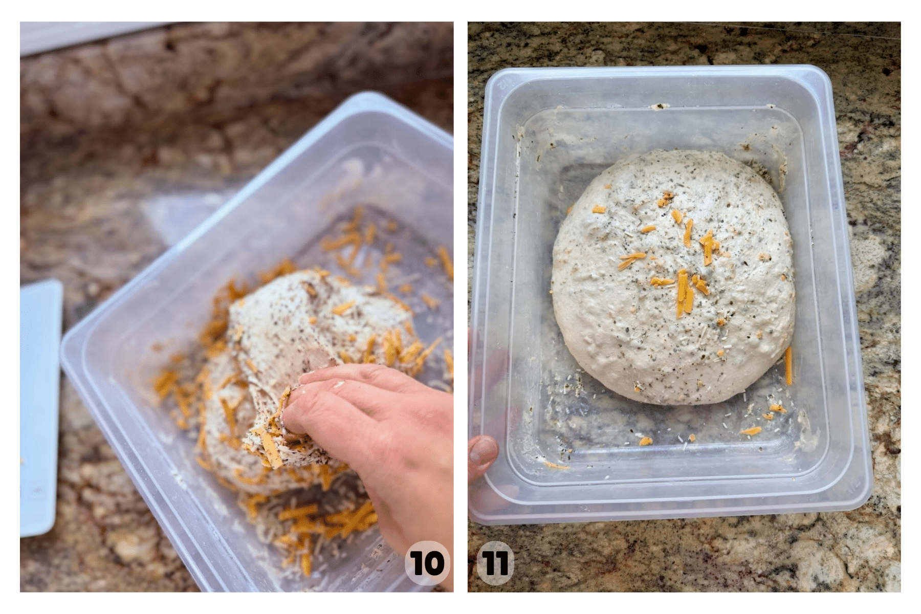 Two pictures show dough being folded over to incorporate cheese and herbs into a cohesive ball of dough.