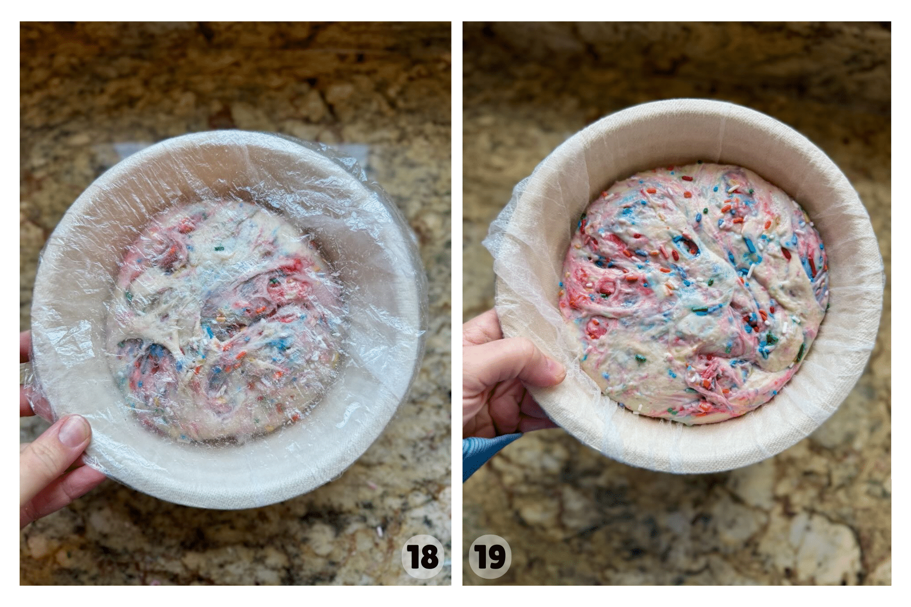 Sourdough funfetti dough sits in a banneton basket before and after the cold ferment.