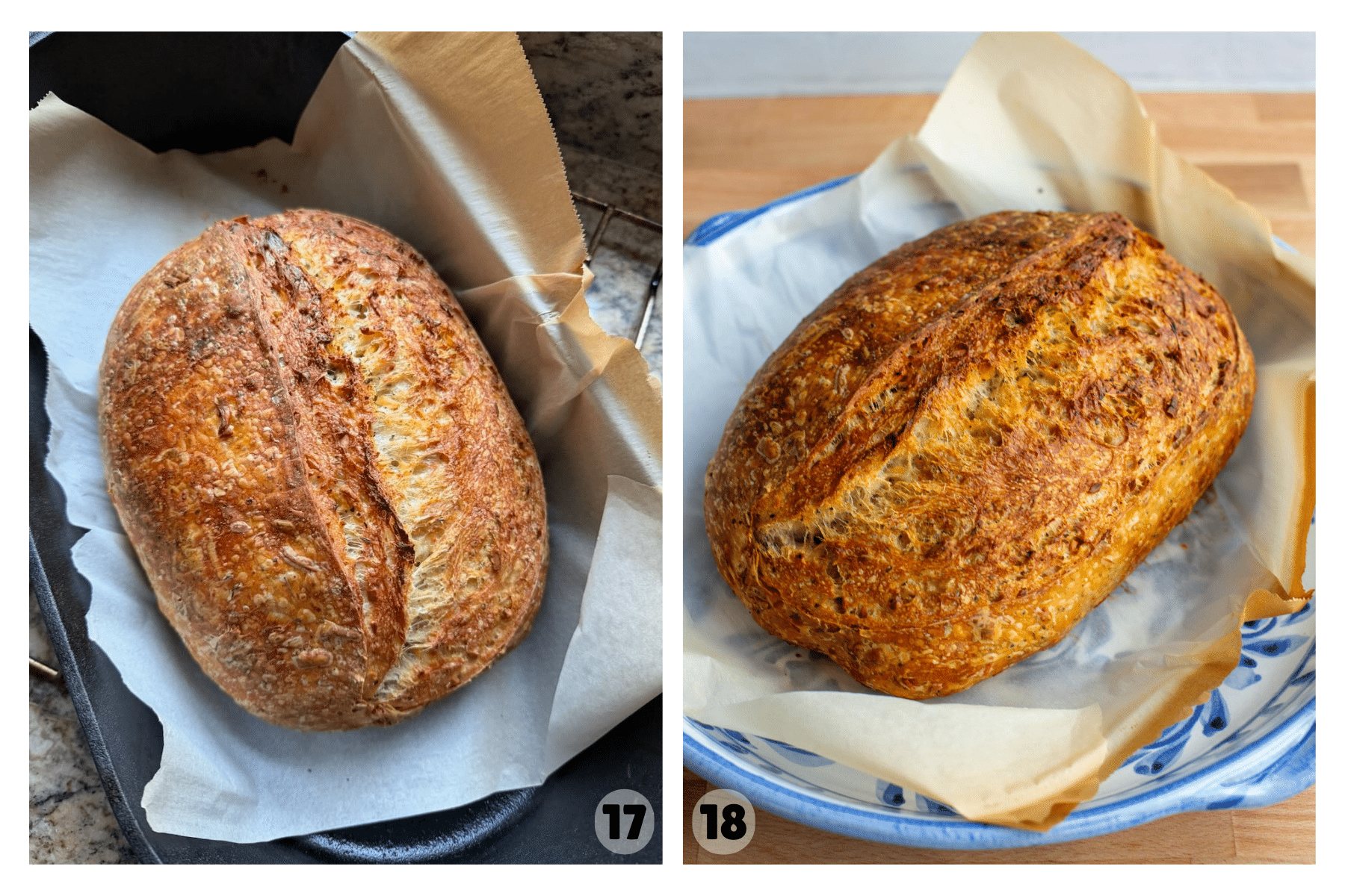 Two pictures show freshly baked bread.