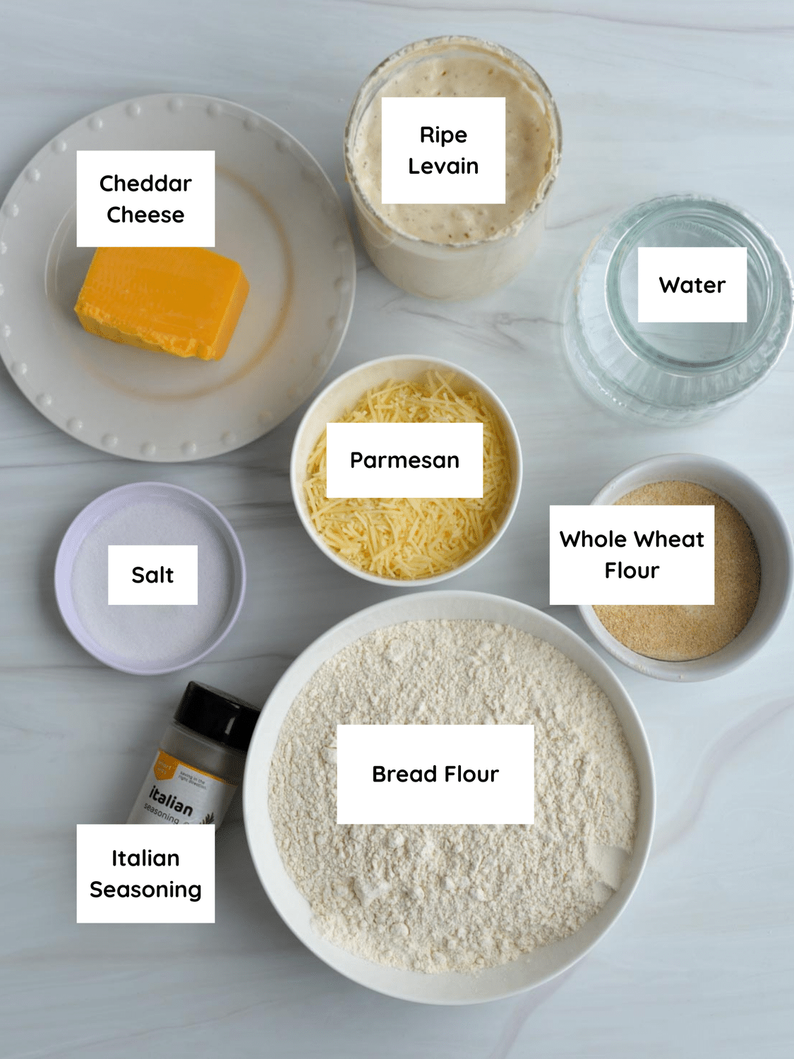 Ingredients labeled on a countertop.