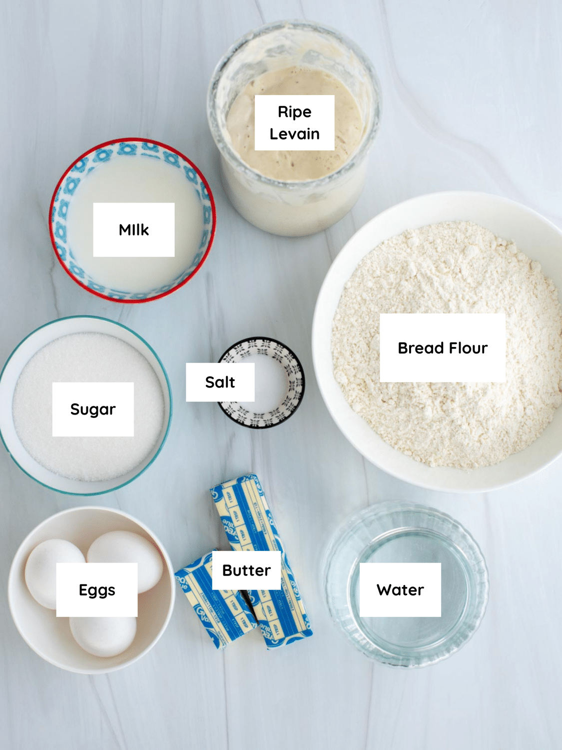 Ingredients for Sourdough Brioche Rolls include ripe levain, milk, bread flour, salt, sugar, eggs, butter, and water.