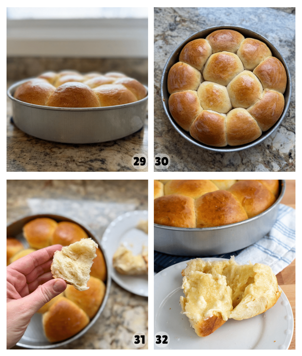 Freshly baked sourdough brioche rolls sit in the pan with a shiny golden brown crust and then a warm brioche roll split open and spread with butter shows its tender, airy texture.