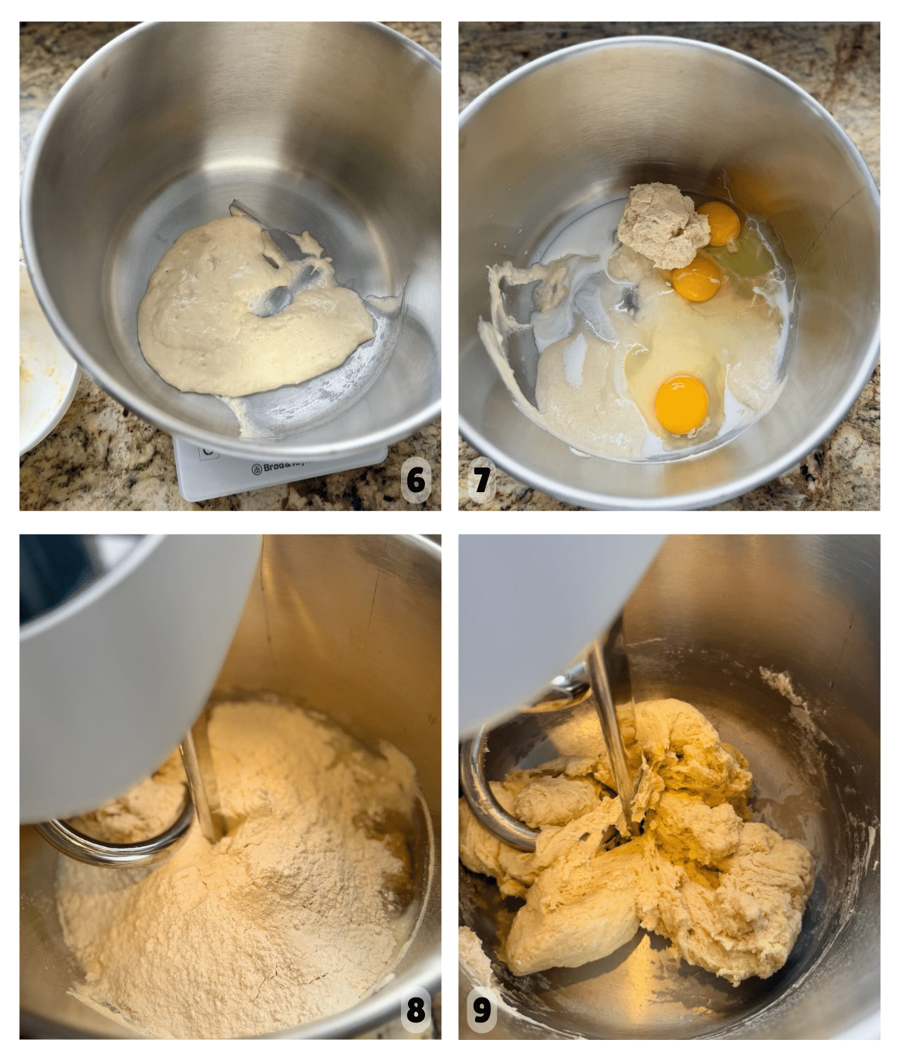 The dough mixes until it starts to come together and pull away slightly from the sides of the bowl.