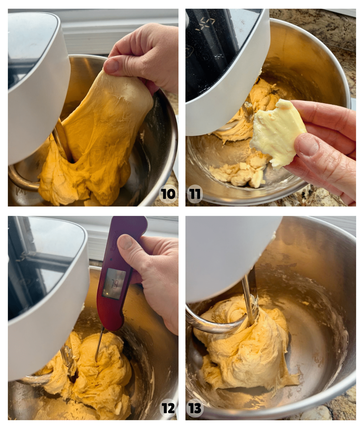Softened butter is added to the dough while it continues mixing in the stand mixer.
