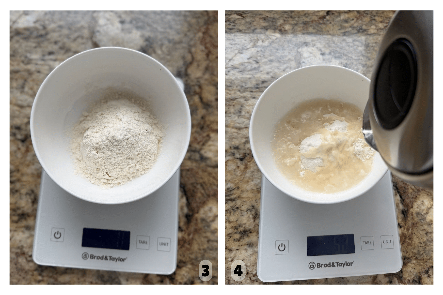 Flour is weighed in a bowl and hot water is poured over it to begin preparing the yudane mixture.